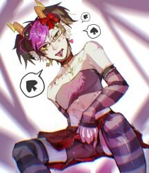 1boy alien alien_humanoid chocker crop_top crossdressing dyed_hair earrings fully_clothed grey_skin hair_accessory hate_masturbation homestuck horns jewelry male_focus male_only masturbation masturbation_through_clothing piercings pleated_skirt solo touching_self twintails