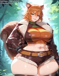 ai_generated asunai curvy female green_eyes huge_breasts looking_at_viewer marvel marvel_rivals midriff milf navel orange_hair outdoors pawg plump solo squirrel_ears squirrel_girl_(marvel) squirrel_girl_(marvel_rivals) stable_diffusion standing thick_thighs