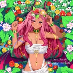 1girls breasts choker egyptian egyptian_clothes grass hair_flower horns hyu14 indie_virtual_youtuber large_breasts laying_on_grass long_hair looking_at_viewer pink_hair red_eyes trickywi virtual_youtuber wings