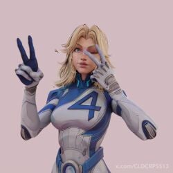 1girl blonde_female blonde_hair blue_eyes cute fantastic_four female female_focus female_only invisible_woman invisible_woman_(marvel_rivals) light-skinned_female marvel marvel_comics marvel_rivals peace_sign solo sue_storm superhero_costume superheroine