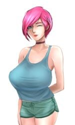 1girls a_zombie_life abby blue_eyes breasts bursting_breasts choker clothed clothed_female female female_only gym_shorts huge_breasts long_breasts nergal_nest non-nude pink_hair rpg_maker scarlett_ann short_hair solo standing tagme tank_top wink