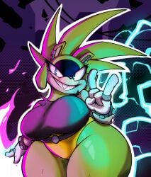 1girls afrosoricid anthro big_breasts breasts busty clothing electricity female female_only huge_breasts idw_publishing large_breasts lightning looking_at_viewer plaga png smile solo sonic_(series) sonic_the_hedgehog_(idw) sonic_the_hedgehog_(series) surge_the_tenrec tenrec thick_thighs thunder_thighs wide_hips