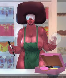 1girls afro alternate_version alternate_version_at_source alternate_version_available apron apron_only areolae ass big_belly big_breasts big_lips big_nipples bigger_female bottles breasts chubby chubby_female color cup digital_media_(artwork) donut donuts female female female_only freckles freckles_on_ass full_body garnet_(steven_universe) marker milk nipples plastic_cup register ring standing steven_universe store sunglasses tan tanline tanned_skin teeth thick thick_thighs thighs