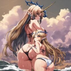 ai_generated ass bikini blonde_hair cartethyia_(wuthering_waves) elf_ears fleurdelys_(wuthering_waves) height_difference outside water wuthering_waves