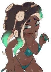 beauty_mark bikini black_hair dark-skinned_female green_eyes green_highlights marina_(splatoon) octoling orlycuster pie_orly splatoon splatoon_(series) splatoon_2 sweat