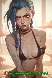 ahq_hentai ai_generated arcane arcane_jinx areola areola_slip areolae beach blue_hair blush breasts jinx_(league_of_legends) league_of_legends pink_eyes stable_diffusion