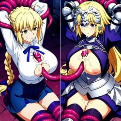 2girls ai_generated artoria_pendragon artoria_pendragon_(fate) blonde_hair blowjob blue_eyes boobjob chained chains cum cum_on_breasts fate/apocrypha fate/grand_order fate/stay_night fate/zero fate_(series) fellatio green_eyes jeanne_d'arc_(fate) long_hair oral paizuri restrained saber titjob