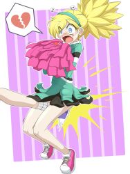 2025 2girls blonde_hair blue_eyes breasts broken_heart cheerleader crotch_kick highres long_hair open_mouth painful pom_poms shocked skirt wide_eyed