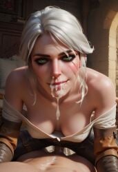 ai_generated bed bedroom breasts ciri cum cum_on_face female green_eyes light-skinned_female light-skinned_male looking_at_viewer male mascara penis riding scar the_witcher_(series) the_witcher_3:_wild_hunt white_hair