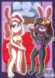 absurd_res blush breasts cave_story clothed clothing cristalyzed duo female female/female fur genitals hair hi_res lagomorph mammal mimiga nipples simple_background smile smug_face