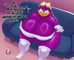 2024 2d 2d_(artwork) 2d_artwork anthro avian beak big_breasts big_thighs bird breasts couch dialog dialogue digital_art digital_drawing_(artwork) digital_media_(artwork) female furry furry_only glasses glasses_on_head huge_breasts leggings looking_at_viewer mobian_(species) purple_body purple_hair purple_skin sega shannon_rat sitting sitting_on_couch sonic_(series) sonic_riders sonic_the_hedgehog_(series) swallow_(bird) thick thick_thighs wave_the_swallow