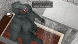 abs absurd_res animal_humanoid anthro balls bathing bathroom english_text epic_games flaccid fortnite genitals hi_res humanoid komodo_dragon lizard male meteorsmash monitor_lizard nude nude_anthro nude_male pecs penis red_eyes reptile reptile_humanoid scalie scalie_humanoid shower shower_room showering solo text thunder_(fortnite)