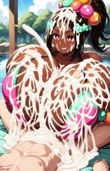 1boy 1girls ai_generated big_breasts bikini black_body breasts_bigger_than_head brown_hair cum cum_drip cum_everywhere cum_explosion cum_on_body cum_on_breasts cum_on_face cumshot dark-skinned_female dark_skin dominant_female engulfing_paizuri enormous_breasts excessive_cum fire_emblem ftggtgg gigantic_breasts hair happy happy_sex headwear huge_breasts hyper_breasts large_breasts massive_breasts orange_eyes paizuri paizuri_lead_by_female ponytail swimsuit timerra_(fire_emblem)