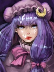 bangs blue_eyes blunt_bangs bow crescent cum cum_on_hair facial female hairbow hat jubakurei licking lipstick looking_at_viewer makeup mob_cap patchouli_knowledge pink_bow portrait purple_hair red_lipstick solo tongue tongue_out touhou