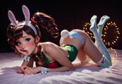 ai_generated brokentoys bunny_costume bunny_ears bunny_girl bunny_tail bunnysuit christmas defeated doggy_style on_bed rape