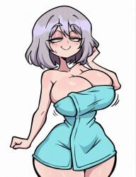 1girls ai_generated bangs big_boobs big_breasts big_smile blue_eyes blush blushing bob_cut breasts collarbone curvaceous curvy curvy_body curvy_female curvy_figure curvy_hips desrozza eyelashes eyes_half_open female gray_hair grey_hair half-closed_eyes hand_on_hair huge_boobs huge_breasts large_boobs large_breasts light-skinned_female light_skin long_eyelashes shiny shiny_boobs shiny_skin short_hair silver_hair simple_background small_waist smile tejina_senpai tejina_senpai_(character) tejina_senpai_(series) thick_thighs thighs tight_fit tiny_waist towel towel_only valbun_style voluptuous white_background