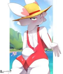 1girls 2023 anthro ass beach blush bunnemilk cinderace female female_only generation_8_pokemon green_eyes hi_res looking_at_viewer looking_back looking_back_at_viewer narrowed_eyes nintendo pokemon pokemon_(species) rear_view red_swimsuit smiling smiling_at_viewer solo straw_hat swimsuit