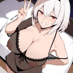 1girls ai_generated areolae ass azur_lane big_breasts female female_focus female_only huge_ass huge_breasts large_breasts looking_at_viewer nipples peace_sign red_eyes short_hair sirius_(azur_lane) smiling white_hair