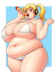 1girls 2022 bbw belly belly_button belly_overhang better_with_salt big_belly big_breasts bikini blonde_hair blush breasts chubby chubby_female eating fat fat_ass fat_female fat_girl fat_woman fatty female female_focus headphones hi_res hips huge_breasts large_breasts large_female nitroplus overweight overweight_female pig plump pork_chop solo solo_female solo_focus stomach super_pochaco swimsuit thick_thighs tubby twintails voluptuous wide_hips