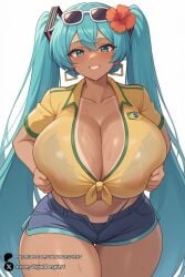 1girls ai_generated alternate_breast_size aqua_eyes aqua_hair bikini bikini_under_clothes blush brazilian_miku breasts breasts_squeezed_together cleavage earrings eyewear_on_head flower gigantic_breasts grin hair_flower hair_ornament hatsune_miku hibiscus huge_breasts jewelry long_hair looking_at_viewer see-through shirt short_shorts shorts simple_background smile solo sunglasses sweat swimsuit tan tanlines thick_thighs thighs tied_shirt twintails unjobdespiert very_long_hair vocaloid white_background