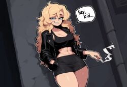 1girls abs ai_generated blonde_hair blue_eyes cigarette large_breasts leather_jacket looking_at_viewer novelai original skirt solo_female tank_top text thick_thighs wide_hips