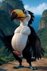 20th_century_fox 20th_century_studios ai_generated anthro avian balls beak bird blue_sky_studios chubby epstar14 feathers jungle jungle_background male male_only penis rafael_(rio) rio_(film) rio_(series) rio_2 smiling solo talons toucan winged_arms