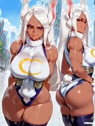 1girls ai_generated breasts dark-skinned_female dark_skin difuxer female female_only large_breasts looking_at_viewer miruko my_hero_academia red_eyes rumi_usagiyama solo thick_thighs thighhighs thighs white_hair wide_hips