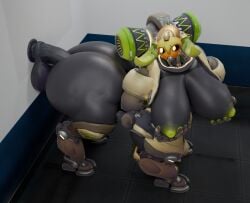 3d 3d_(artwork) against_wall blender blender_(software) dildo dildo_in_ass grabbing grabbing_own_breast hornybluejay_(artist) huge_ass huge_breasts huge_dildo looking_back orisa overwatch solo solo_female solo_focus