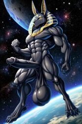 ai_generated anthro anubis balls big_balls big_penis cock cocky69 excessive_size hanging_balls hyper_penis muscles muscular muscular_anthro penis