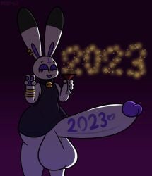 2023 anthro bell_collar bunny choker collar dress ear_piercing evilfiendish femboy fireworks fur furry huge_balls huge_cock hung_trap hyper_penis jewelry mare_(evilfiendish) massive_penis new_year_2023 night peace_sign piercing purple_eyes smile wine wine_glass