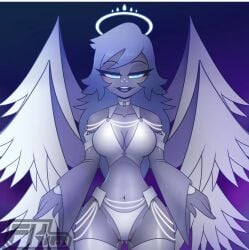 1girls 2024 angel angel_wings artist_logo artist_name big_breasts cleavage curvy emily_(hazbin_hotel) female female_only fkimnsfw grey_body grey_skin half-closed_eyes hazbin_hotel hourglass_figure instagram looking_at_viewer navel revealing_clothes solo vivienne_medrano white_clothing white_hair wings