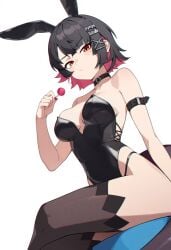 black_hair breasts bunny_ears bunny_girl bunnysuit choker earrings ellen_joe female leotard lolipop monster_girl pink_hair red_eyes shark shark_girl shark_tail short_hair slutty_clothing thighhighs tomboy zenless_zone_zero