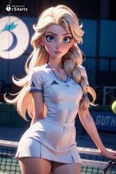 1girls ai_generated artist_name ball blonde_hair blue_eyes blush braid breasts contrapposto covered_navel cowboy_shot disney disney_princess elsa_(frozen) freckles frozen frozen_(film) frozen_2 hair_over_shoulder hi_res lips long_hair looking_at_viewer medium_breasts parted_lips patreon_username r34arts racket shirt short_sleeves single_braid skirt solo sportswear tennis_ball tennis_racket tennis_uniform thighs watermark web_address white_shirt white_skirt