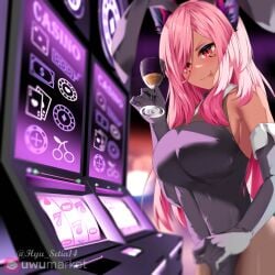 1girls black_leotard breasts casino cat_ears drink elbow_gloves fake_animal_ears gambling gloves holding_drink hyu14 indie_virtual_youtuber large_breasts leotard long_hair looking_at_viewer pantyhose pink_eyes pink_hair slot_machine trickywi virtual_youtuber