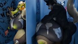 3d blender cum cum_on_body cum_on_breasts glory_hole glory_wall grabbing grabbing_ass graffiti hornybluejay_(artist) omnic orisa overwatch stuck stuck_in_wall wolf wolf_ears wolf_tail