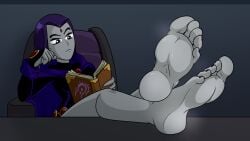 ankles_crossed barefoot belt black_toenails bored bored_expression cape chair cloak feet feet_on_table foot_fetish foot_focus gem gems goth goth_girl grey_body grey_skin hood jewelry leaning leotard nail_polish nasiri_(artist) purple_hair raven_(dc) raven_(teen_titans) reading reading_book soles superheroine toes