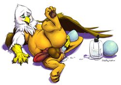 2015 anal animal_genitalia animal_penis anthro anus avian balls blush claws egg egg_laying erection etchpony feathered_wings feathers fur gryphon knot lube lying male nude on_back open_mouth penis simple_background solo spreading wings