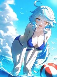 ;d absurd_res ahoge ai_generated alternate_breast_size alternate_costume ball bare_arms bare_shoulders beachball bent_over bikini bird blue_bikini blue_eyes blue_hair blue_sky blush breasts cleavage cloud collarbone covered_nipples cowlick day feet_out_of_frame female furina_(genshin_impact) genshin_impact hair_between_eyes hands_on_own_knees hanging_breasts large_breasts leaning_forward light_blue_hair long_hair looking_at_viewer ministro multicolored_hair navel o-ring o-ring_bikini o-ring_bottom o-ring_top ocean one_eye_closed open_mouth outdoors sidelocks sky smile solo standing stomach streaked_hair swimsuit teeth thighs two-tone_hair upper_teeth_only very_long_hair wading water water_drop wet white_hair