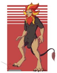 animal_genitalia anthro athletic balls belly blue_eyes claws daz felid feline generation_6_pokemon genitals hi_res humanoid lion magic male mammal mane narusewolf navel nintendo nude pantherine paws pokemon pokemon_(species) pyroar ring sheath slightly_chubby slim solo standing tail