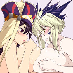 2girls 846-gou artoria_pendragon artoria_pendragon_(lancer_alter) bare_shoulders black_hair blonde_hair blush braid breast_hold breast_press breast_squeeze breasts clenched_teeth cum double_paizuri ejaculation ejaculation_between_breasts eyebrows_visible_through_hair fate/grand_order fate_(series) french_braid hat large_breasts lips long_hair looking_down multiple_girls multiple_paizuri open_mouth paizuri pov projectile_cum purple_eyes shiny shiny_skin short_hair symmetrical_docking teamwork teeth tied_hair xuanzang_(fate) yellow_eyes