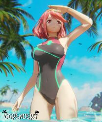 1girls 3d beach birds black_one-piece_swimsuit black_swimsuit breasts clouds competition_swimsuit core_crystal ggrenders in_water large_breasts nintendo ocean one-piece_swimsuit palm_tree pyra red_eyes red_hair short_hair sky swimsuit tiara water xenoblade_(series) xenoblade_chronicles_2