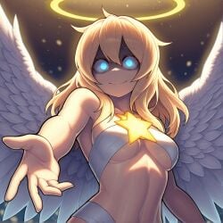 ai_generated angel angel_wings blonde_hair blue_eyes eyes_wide_open lucifina_(mon-musu_quest!) monster_girl_quest reaching reaching_towards_viewer ribbons smile yandere