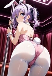 ai_generated ass ass_focus back_view bent_over blush bunny_costume bunny_ears bunny_girl bunnysuit flat_chest huge_ass looking_at_viewer maki-chan_to_nau misono_yuki pole pole_dancing shiny_skin small_breasts smile striptease thick_thighs younger_female