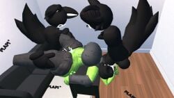 1girls 2boys anal black_fur filled_belly floating_hands floating_penis furry gagged horsecock rec_room thick_thighs thighhighs throat_fuck