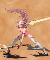 2025 arm_warmers big_ass big_breasts confident electricity female gold_(metal) hair_up half_naked heels high_quality long_hair magical_girl orange_background pink_nipples powerful swords thighhighs warrior