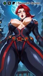 1girls 2d ai_generated areolae big_breasts black_widow_(marvel) black_widow_(marvel_rivals) blue_eyes blush blush bodysuit breasts breasts_out female female_focus female_only from_below full_moon large_breasts looking_at_viewer marvel marvel_rivals moon nipples nipples_outside partially_clothed rain raining red_hair red_hair redhead_female seramic_seven short_hair solo solo_female solo_focus sweatdrop thick thick_legs thick_thighs