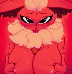 breasts canatak dick_on_breast flareon furry furry_female holding_breast open_mouth orange_fur seductive_look titjob titjob titjob_pov tits_out