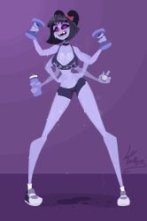 5_eyes big_breasts choker female jrvanesbroek looking_at_viewer monster_girl muffet sharp_teeth shoes short_shorts shorts slim_waist smile smiling smiling_at_viewer spider_girl sports_bra sportswear sweat sweatdrop sweaty undertale undertale_(series) water water_bottle watermark weights