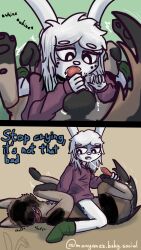 4k 9:16 absurd_res animal_genitalia animal_penis anthro anthro_on_feral balls bodily_fluids bored canid canine canine_genitalia canine_penis canis clothed clothing cum cum_in_mouth cum_inside cum_string dialogue domestic_dog dominant dominant_anthro dominant_female duo ejaculation fellatio female female_on_anthro feral footwear genital_fluids genitals hi_res hoodie lagomorph leporid looking_back lying male male/female mammal manyanz on_back oral pantsless penile penis piercing rabbit realistic_feral sex shaking shivering sitting sitting_on_another socks submissive submissive_feral submissive_male text topwear whining white_body zoophilia