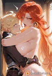 1boy 1boy1girl 1girls aether_(genshin_impact) after_kiss ai_generated blonde_hair blurry_background breast_press clothed_male_nude_female codemistake earring female genshin_impact gloves hug looking_at_viewer makeup mature_female mavuika_(genshin_impact) orange_eyes orange_hair patreon patreon_logo patreon_reward patreon_url sidelighting straight straight surprised tongue tongue_out